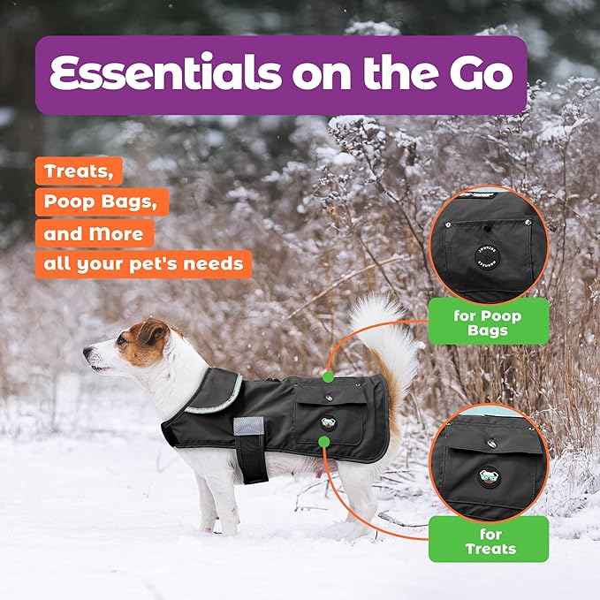 Joyride Harness FrostFlex Dog Winter Jacket - Fleece Lined & Water-Resistant - Snowsuit with Pockets for Treats & Poop Bags - Durable Cold Weather Dog Coat - Black Onyx-M