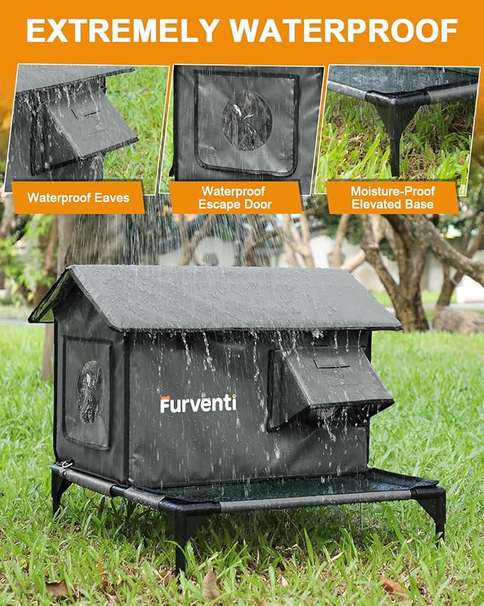 Heated Cat House for Outside,More Platform Space,Extremely Weatherproof & Insulated in Winter,Elevated Outdoor Cat Shelter with Eaves & Escape Door for Barn Feral Stray Cat(Dull Grey,Small)