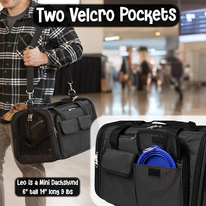 Pet Carrier with Wheels | Delta American Frontier Airline Approved | Two Expandable Sides, Storage Pockets Adjustable Leash | Rolling Dog and Cat Carrier TSA Compliant (Black 17x12.5x11)