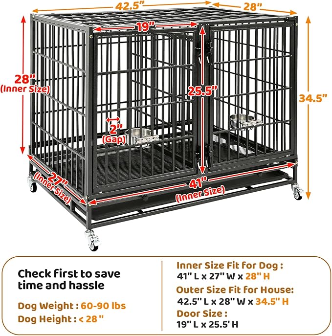 Homey Pet Stackable 43 inch Dog Crate Cage Kennel Indoor with Divider, 2X Steel Bowls, 4X Lockable Wheels, Tray, Heavy Duty Wire Dog Crates for Large/Medium/Small Dogs (Tall Model)