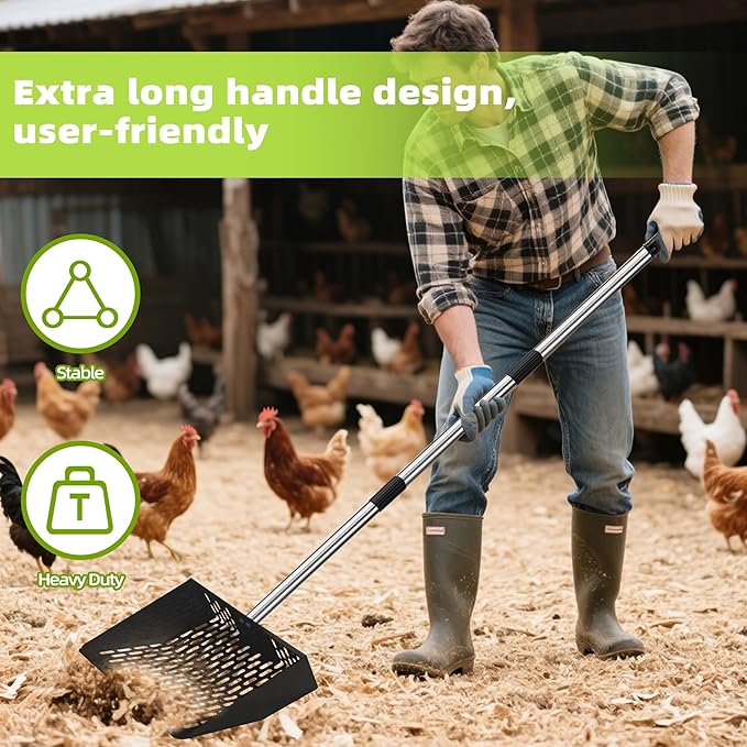 Jusoney Heavy-Duty Chicken Poop Scooper with 4-in-1 Adjustable Handle (35"-61") - Sturdy Stainless Steel and Iron Construction for Large Chicken Coop - Ergonomic Design & Easy Cleaning