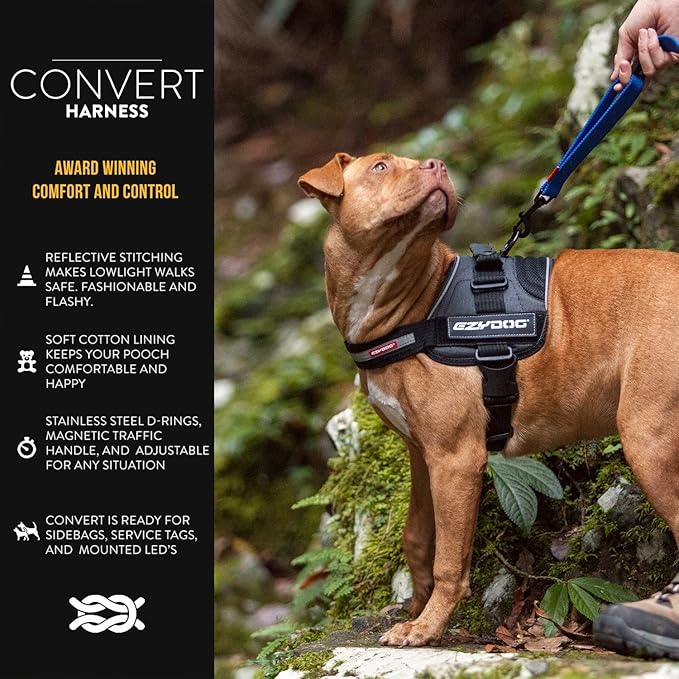 EzyDog Convert Dog Harness – Trail-Ready Rugged Harness for Walking, Hiking & Outdoors with Reflective Piping, Badge Attachment Points, Traffic Handle, & Comfort Lining (Large, Corduroy)