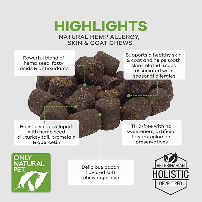 Only Natural Pet Allergy, Skin & Coat Hemp Soft Chews - Allergy Immune Bites for Dogs, Omega 3 Supplement, Hemp Oil - Calming Treats for Itchy Skin Relief, Hot Spot - (120 Count) (Al.)