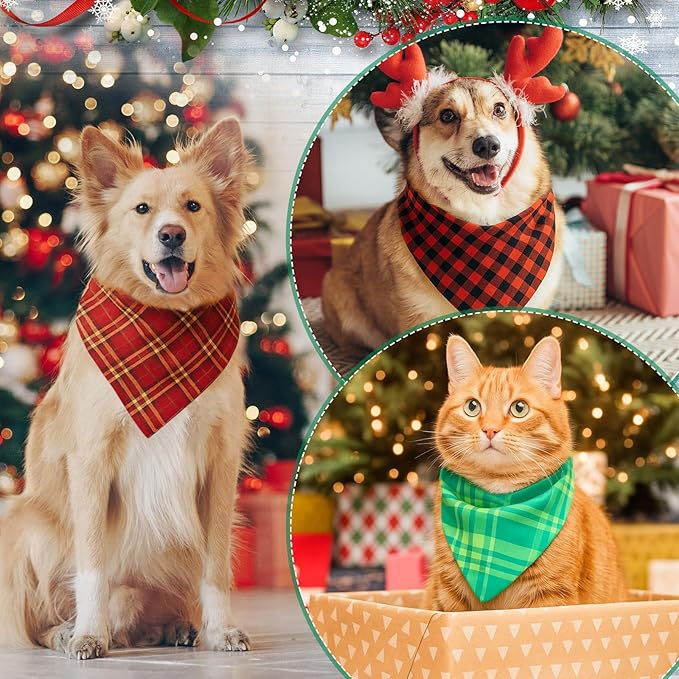Abbylike 100 Pcs Christmas Dog Bandanas Bulk Red and Green Buffalo Plaid Bandanas for Dogs Triangle Kerchief Bibs Scarf for Pet Xmas Costume Photo Props Accessories, 25 Styles (25.6 x 17.7 x 17.7)