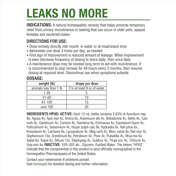HomeoPet Leaks No More, Safe, Gentle, and Natural Cat and Dog Urinary Incontinence Relief, 15 Milliliters