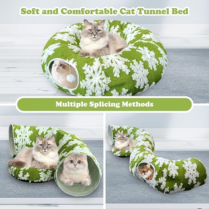 Cat Tunnel Bed for Indoor Cats, Cute Cat Donut Tunnel with Washable Circle Cushion, Under Christmas Tree Soft Plush Peekaboo Cat Cave Toy for Kitten, Puppy, Rabbit (Green)