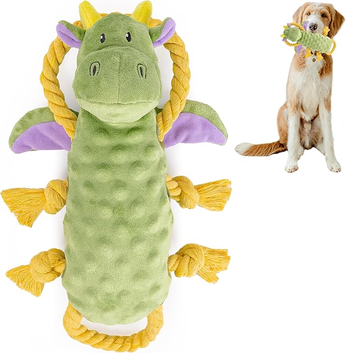 Squeaky Dog Stuffed Animals Chew Toy, Crinkle Paper Tug of War Rope Plush Dog Toy, Soft Tough Squeaker Dog Entertainment Toys for Home Alone, Fun Boredom Busters for Dogs - Dragon