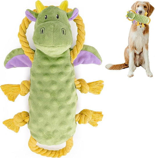 Squeaky Dog Stuffed Animals Chew Toy, Crinkle Paper Tug of War Rope Plush Dog Toy, Soft Tough Squeaker Dog Entertainment Toys for Home Alone, Fun Boredom Busters for Dogs - Dragon