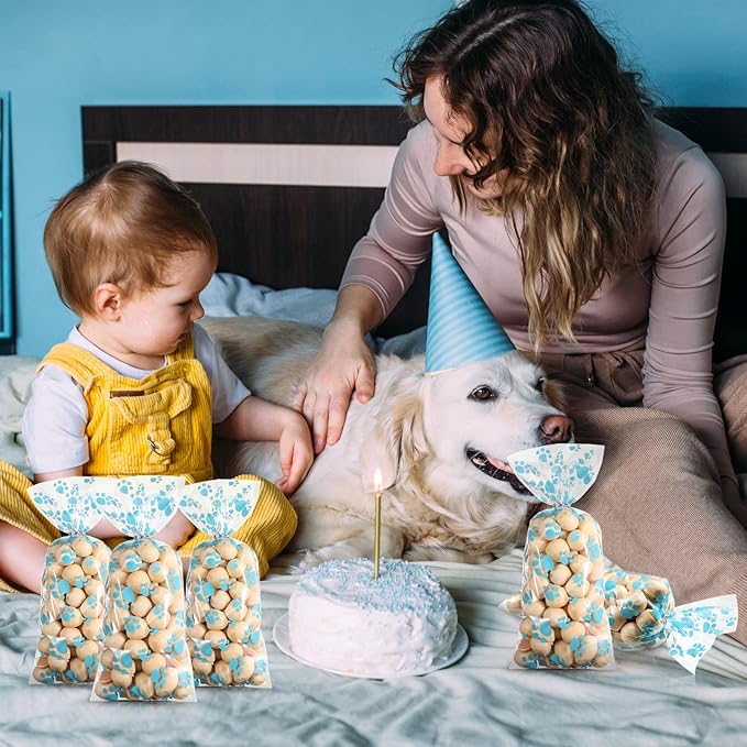 Blulu 100 Pieces Dog Treat Bags Puppy Party Favor Pet Paw Cone Cellophane Bags Candy Heat SealableDog Paw Gift with 100 Pieces Silver Twist Ties for Pet Cat Treat Party Favor (Blue)