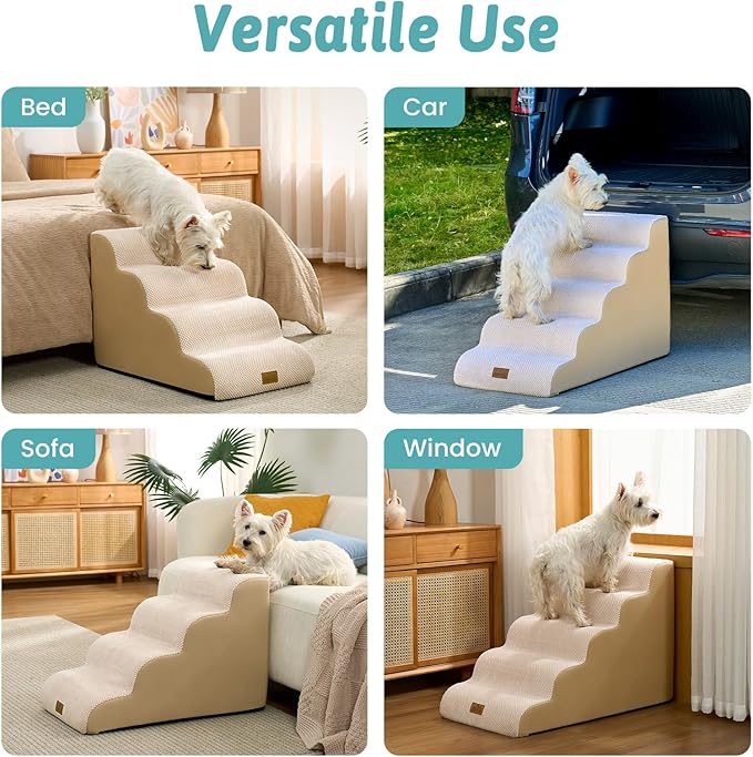 Wide Dog Stairs for Small Dog 22.6" H, Curved Pet Step for Puppy, Older Cat, Curved Ramp for High Bed or Car, Ladder with High Density Foam, Durable, 5 Step, 17.7x33x22.6 inch, Beige
