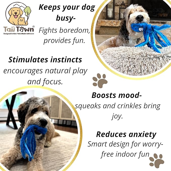 Octopus Dog Toy – Squeaky & Crinkle Plush – Durable No Stuffing Chew Toy for Small, Medium & Large Dogs – Interactive Pet-Safe Soft Toy for Tug, Fetch & Play – Blue– Tail Town
