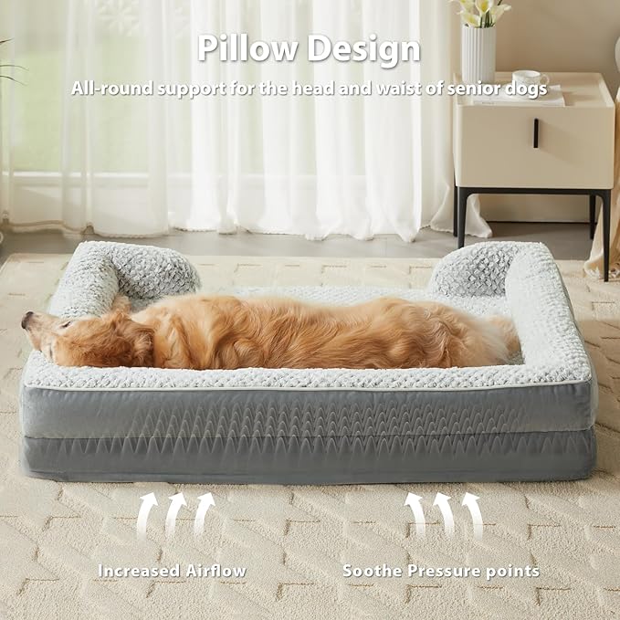 Orthopedic Dog Beds for Large Dogs,Waterproof Dog Bed, Egg Crate Foam Bed for Large Dogs, Big Pet Bed with Washable Removable Waterproof Pillow Cover and Anti-Slip Bottom, Grey