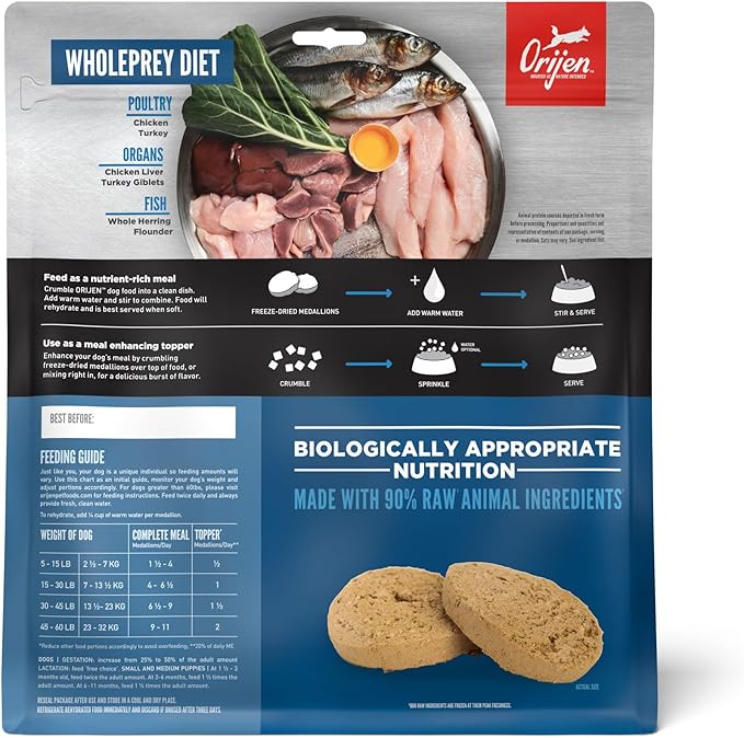 ORIJEN Grain Free High Protein Freeze Dried Dog Food & Topper Original Recipe 6oz Bag