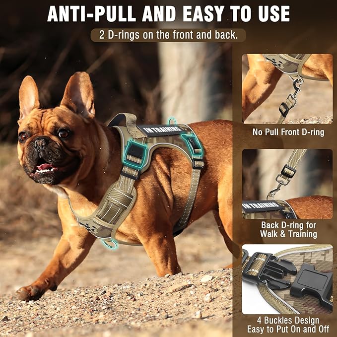 Tactical Dog Harness and Leash Set Medium Sized Dog,Heavy Duty No Pull Service Dog Vest and 10 Patches with Dog Seat Belt,Reflective Adjustable Pet Harness for Training Walking Hiking Camo M