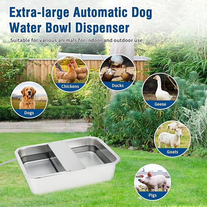BWOGUE 3 Gal Automatic Dog Water Dispenser for Large Dogs Stainless Steel Outdoor Water Bowl Large Breed Self Filling Dog Waterer Feeder for Dogs Cat Chicken Livestock