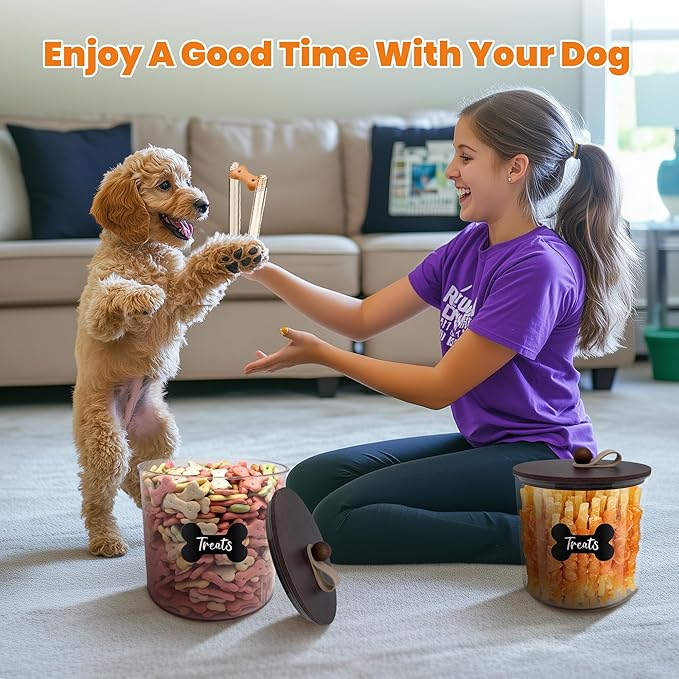 2 Pack Airtight Dog Food Storage Container,Dog Treat Container Dog Treat Jar with Wood Lids 6x5'',Pet Food Storage Container,Cat Food Container with Scoops,Food Tong,Labels,Pen