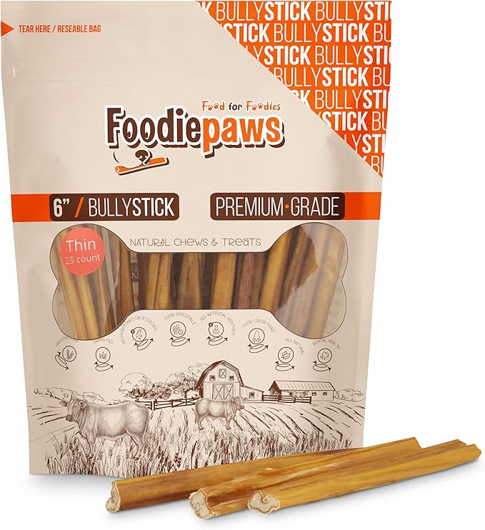 FOODIEPAWS 6 Inch Thin Bully Sticks for Dogs, 25 Pack Bulk | All Natural, Grass-Fed Beef | High Protein, Rawhide-Free & Fully Digestible Dog Chews | Long Lasting Dental Treats for Puppies & Small Dogs