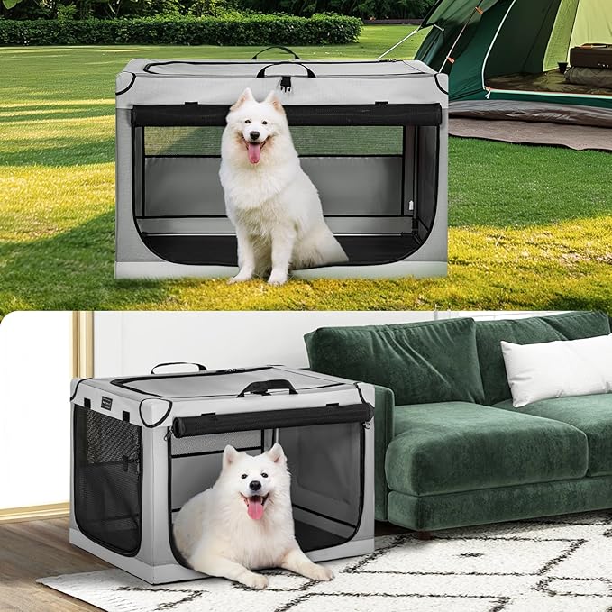 PETSFIT Portable Dog Crate, Soft Dog Crate - 36 Inch Easy Set-up, Light, Sturdy, Comfy Inside with Thicken Mat, Collapsible Crate for Home and Travel Light Grey