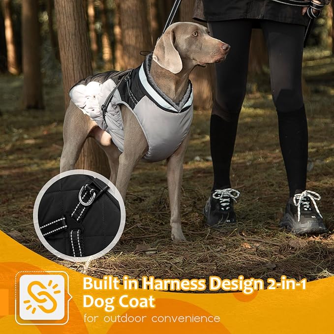 Dog Winter Coat with Harness, Dog Jacket, Pet Clothes with Zipper on Back, Waterproof Windproof Warm Vest, Reflective Cold Weather Coats, for Small Medium Large Dogs, Thick, Black, M