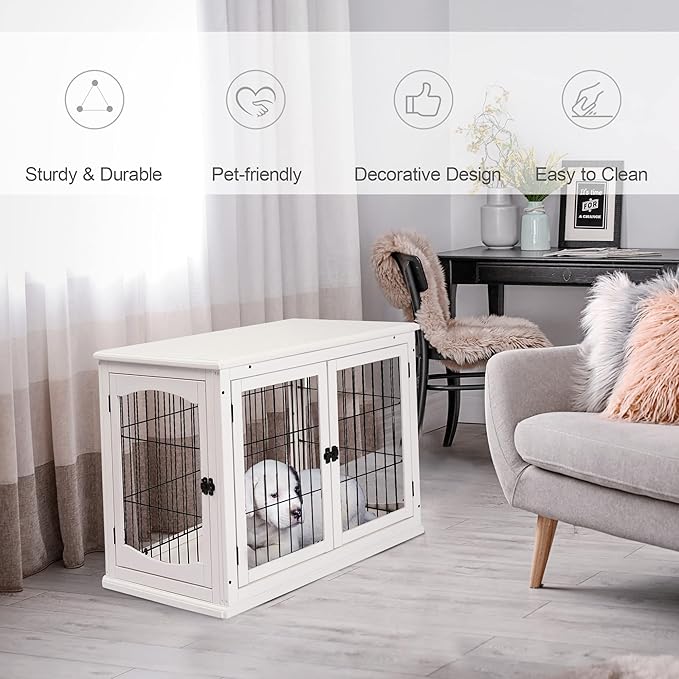 PawHut Dog Crate Furniture, 32" Small Dog Cage End Table with 2 Doors, Lockable Door, Puppy Kennel Indoor, White
