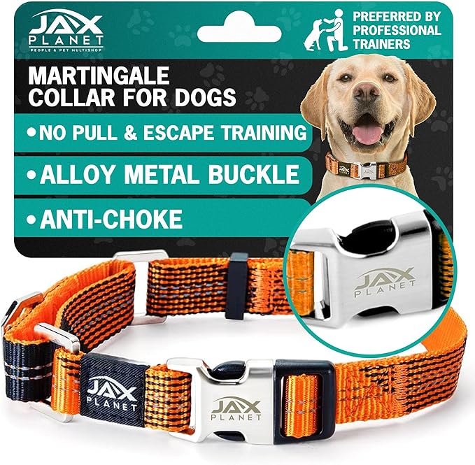 Orange Martingale Collar for Dogs - Heavy Duty Nylon Pet Collars for Escape-Free, No Pull Training & Walking with Alloy Metal Release Buckle & Reflective D Ring, One Time Adjustment, Safe & Secure, L