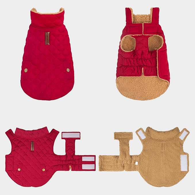 azuza Dog Jacket for Medium Dogs Waterproof & Windproof Dog Coat for Small Dogs with Thick Fleece, High Collar with Leash Hole, Adjustable Velcro & Elastic Belly, Red 2XL
