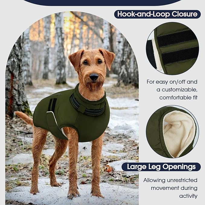 IECOii Winter Dog Coat for Extra Large Dogs, Waterproof Reflective Dog Snow Jacket for Giant Breeds, Built in Collar Snowsuit Thermal Dogs Cold Weather Coats for Great Dane, Army Green - 4XL