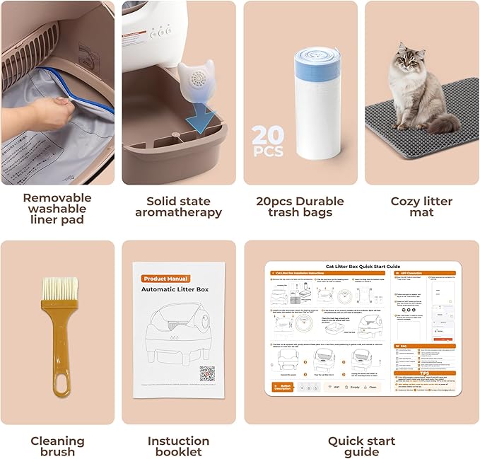 Automatic Litter Box: Self Cleaning Cat Litter Box with APP Control - Odor-Free Waste Disposal Includes Trash Bags, Large Waste Bin, Open-Top, for Multiple Cats