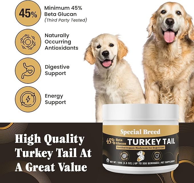 Organic Turkey Tail Mushroom for Dogs & Cats - Hot Water Extracted 45% Beta-Glucan USDA Mushroom Powder for Immune Support, Gut Health, Holistic Defense - No Fillers, Made in The USA - 330 Scoops