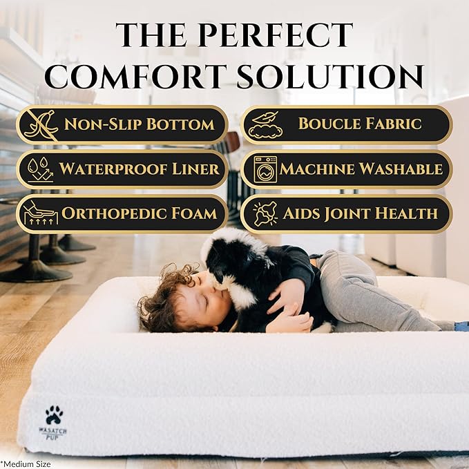 Luxury Boucle Fabric Orthopedic Large Dog Bed with Memory Foam | Breathable Comfort and Washable Dog Couch Bed with Waterproof Liner & Cover | Ideal Pet Beds for Big Dogs - Bone (45"x36x7)