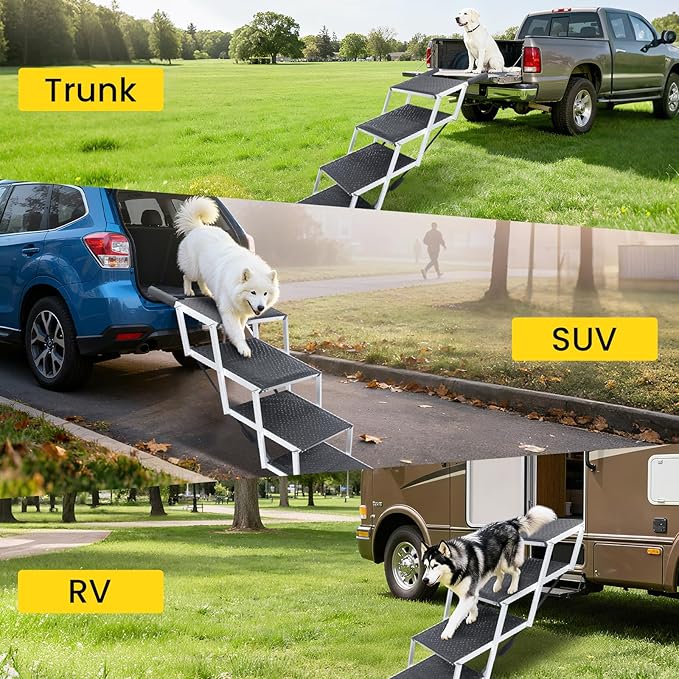 Extra Wide Dog Stairs for Large Dogs, Portable Dog Ramp for Car with Non-Slip Surface, Folding Dog Car Ramp for SUV & Car, Outdoor, Supports up to 250 lbs, 4 Steps