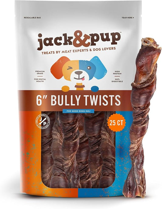 Jack&Pup 6" Bully Twists | Odor Free Bully Sticks for Dogs | Single Ingredient Dog Chew Sticks for Light Chewers | All Dog Breeds (25 Ct)