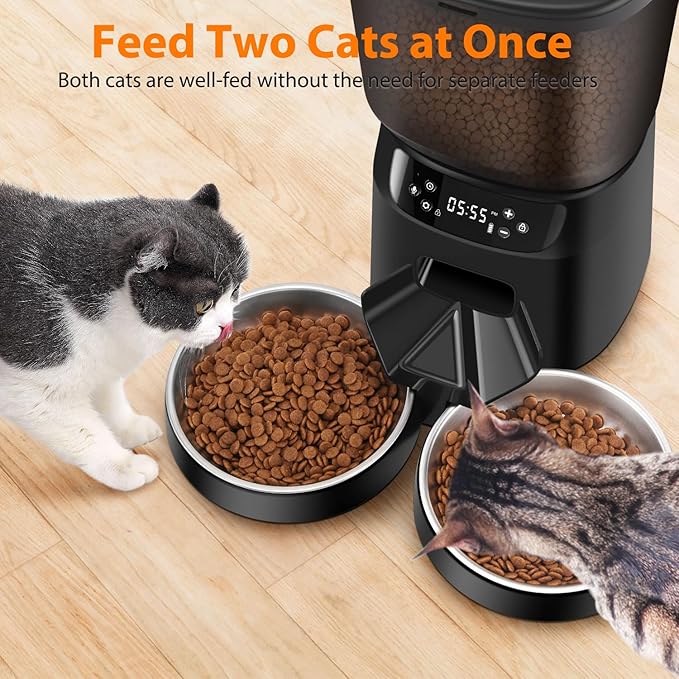Automatic Cat Feeder and Water Fountain, 5L/20 Cups Timed Cat Dry Food Dispenser, 10s Meal Call, 20 Portions 6 Meals Per Day, 2L Cats Fountains for Drinking with Filter, Pet Feeder for Dog Black