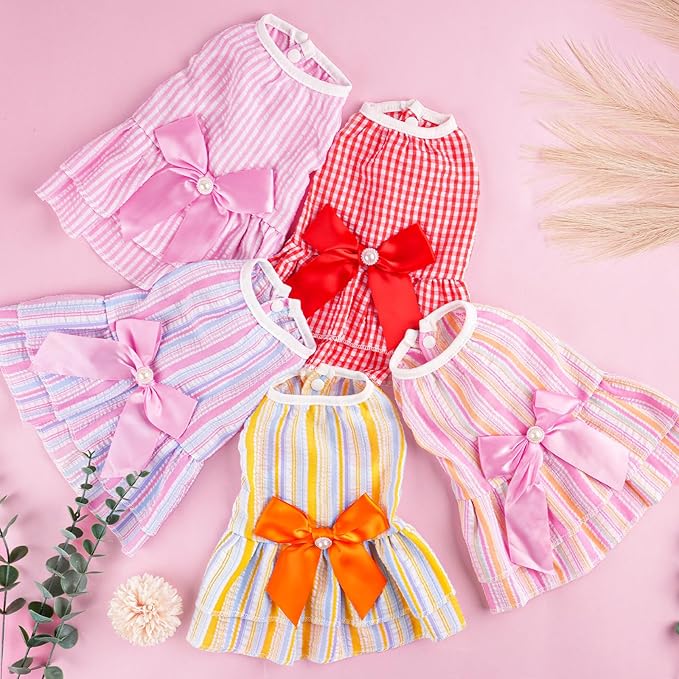 2 Pieces Dog Dress Princess Stripe Pet Dresses for Small Dogs Cute Bowknot Dog Summer Clothes for Dogs Cats Pets Puppy Chihuahua Yorkies