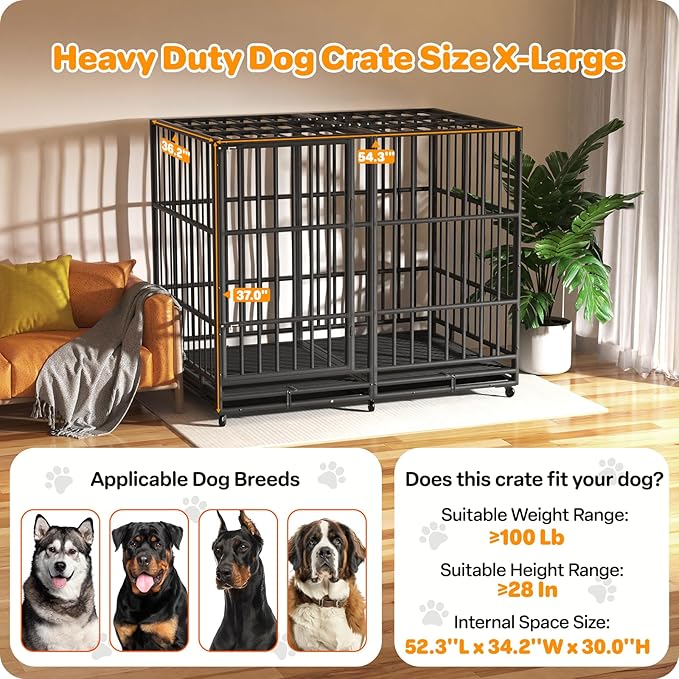 Heavy Duty Indestructible Dog Crate 54 Inch with Removable Tray, Sizes & Colors Optional, Escape Proof Double Door High Anxiety Cage Indoor, Kennel with Wheels for Large Dogs, XL XXL XXL