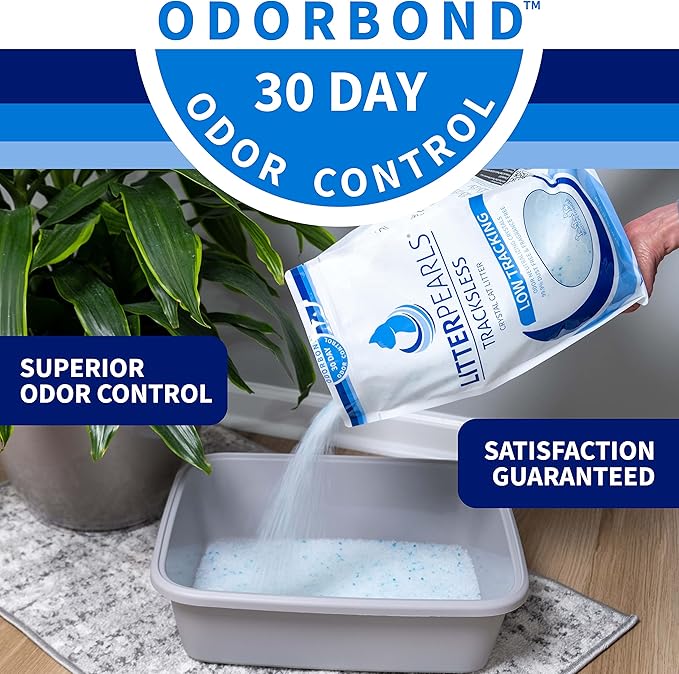 Litter Pearls Tracksless Unscented Non-Clumping Crystal Cat Litter with Odorbond, 7 lb, White, Clear and Blue Crystals