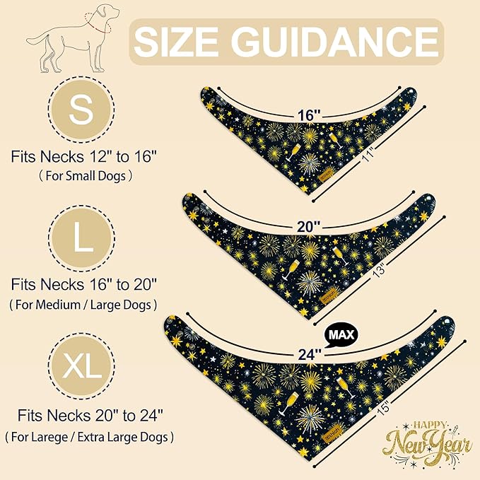 Happy New Year Dog Bandanas with Snap Button, 2 Pack Adjustable Bandanas for Small, Medium, and Large Dogs, Pet Scarf for Holiday Costume Accessory & Photo Shoot (Small)
