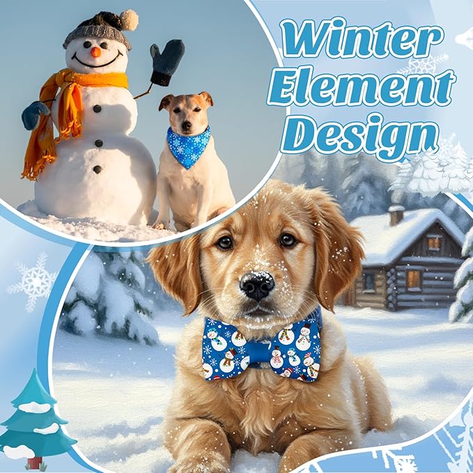 Sanwuta 50 Pcs Winter Dog Bandanas Bulk and Charm Collar Bow Ties Set 25 Snowflake Bandanas for Dogs 25 Snowflake Doggie Collar Triangle Cat Scarf Bowtie for Small Medium Large Pet Winter Costume