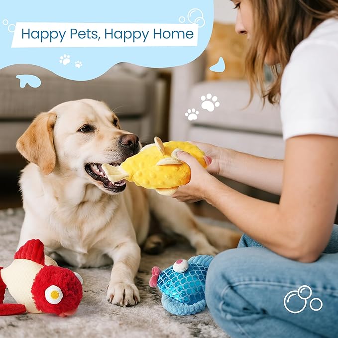 Nocciola Tough Dog Toys, Squeaky Dog Toys to Keep Dogs Busy with Two Resistant Layer & Crinkle Sound, Googly Eyed Fish Gang Puppy Teething Toys for Small, Medium, Large Breeds, 3 Pack
