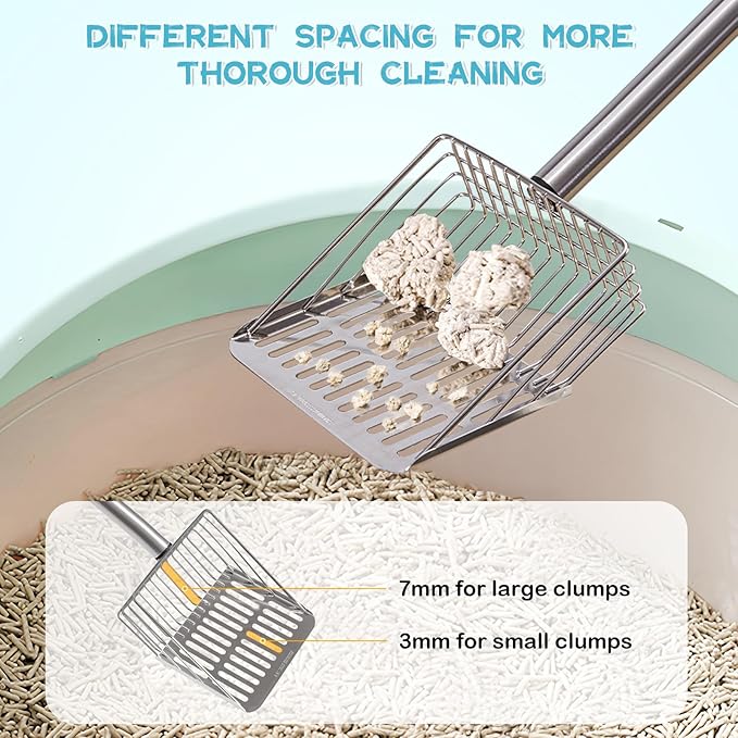 Metal Cat Litter Scoop with Holder Stainless Steel Kitten Poop Scooper, 17.5" Heavy Duty Pet Poop Sifter for Cat Box, Long Handle Large Waste Shovel, Fast Sifting Big Clumps, Solid & Durable