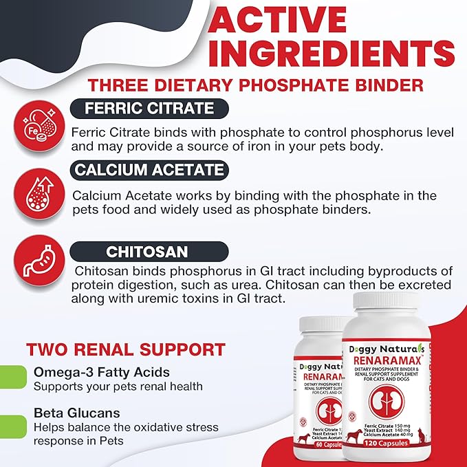 RENARAMAX Dietary Phosphate Binder and Renal Support Supplement for Cats & Dogs, 60 Count (Made in U.S.A)