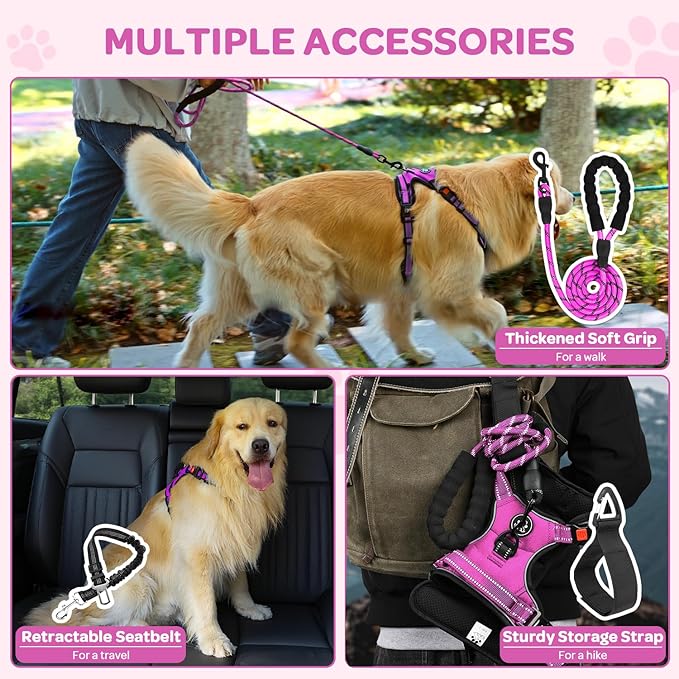 FURRYFECTION Dog Harness | No Pull Dog Harness | Reflective Oxford | Padded Handle | 4 Adjustable Straps | 2 Leash Clips | No Choke Pet Vest Harness for Small Medium Large Dogs | Rose | L