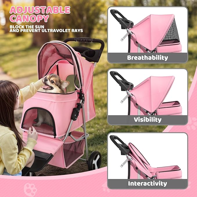 Magshion 3-Wheel Pet Stroller, Foldable Travel Jogger for Small & Medium Dogs & Cats (Up to 33lbs), Lightweight Carrier with Breathable Mesh Cover, Cup Holder & Storage Basket, Pink