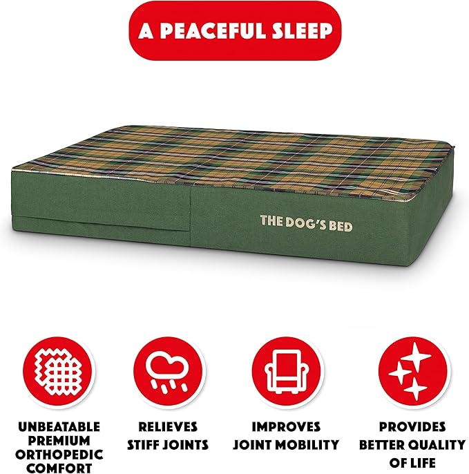 The Dog’s Bed Orthopedic Memory Foam Dog Bed, Large Green Tartan, Pain Relief for Arthritis, Hip & Elbow Dysplasia, Post Surgery, Lameness, Supportive, Calming, Waterproof Washable Cover