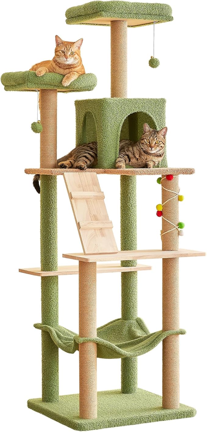 MWPO Green Modern Cat Tree, 70.1-Inch Large Wood Cat Tower for Indoor Cats, Multi-Level Tall Cat Condo with 2 Padded Perches, Hammock, Scratching Posts, Dangling Toys for Large Adult Cat