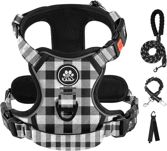 IVY&LANE No Pull Dog Harness with Leash Set, Reflective No Choke Pet Vest,Adjustable Oxford Dog Vest Harness with Easy Control Handle for Small Dogs (Checkered Black,S)