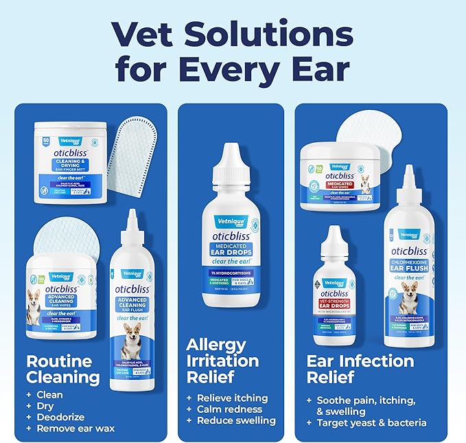 Vetnique Oticbliss Ear Finger Wipes for Dogs & Cats Dual-Sided Cleaning Dog Ear Wipes for Odor Control, Dirt & Wax Removal with Soothing Aloe, Salicylic Acid & Aloe Vera, 50ct