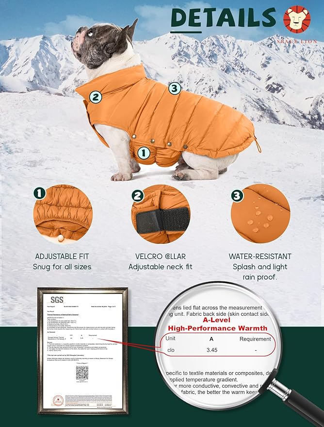SPACE LION Puffer Jacket, Down Winter Coat, Waterproof, Windproof, Lightweight Jacket, Adjustable Fit for Small Dogs(Orange,XS)