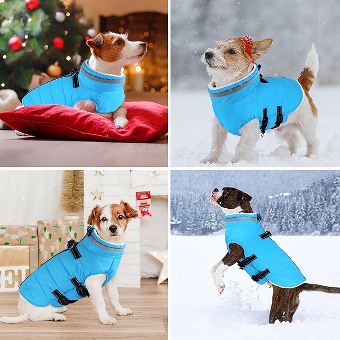 Dogcheer Dog Coat with Harness, Waterproof Dog Jacket Adjustable Pet Winter Coat with Zipper, Christmas Puppy Snow Jacket Fleece Sweater for Small Medium Large Dogs - Sky Blue XS