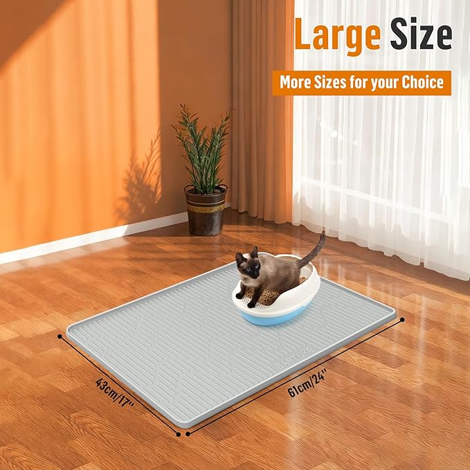 Silicone Cat Litter Mat, 24" x 17" Large Cat Litter Box Mat Litter Trapping Mat for Scatter Control, Waterproof, Soft on Kitty Paws, Clean Floor (Grey)